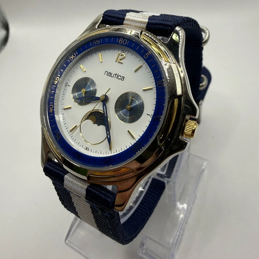 Nautica Vintage Moon Phase Watch 39mm Unisex Blue White Nylon Band (New Battery)